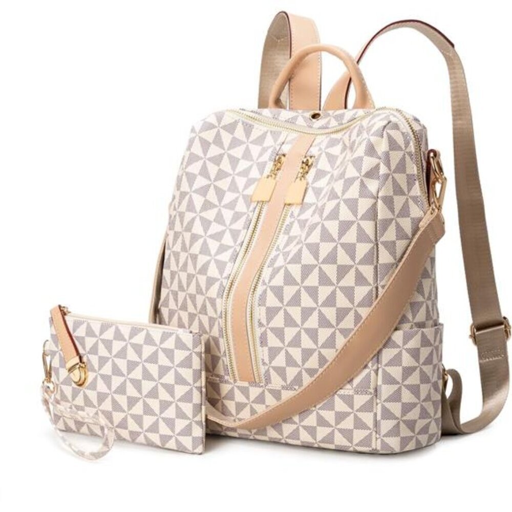 Fashion Backpack Beige Convertible Travel Vegan Leather Shoulder Bag with Wallet